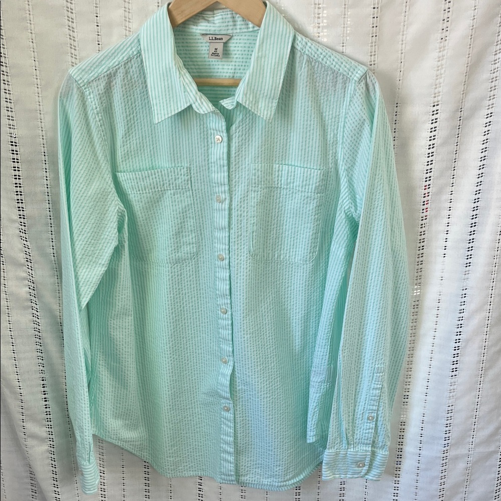 L.L. Bean Mint Green and White Striped Seersucker Shirt